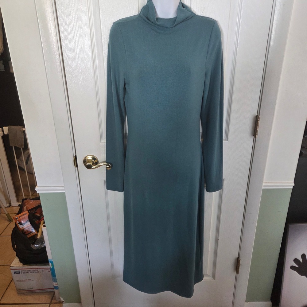 Wilfred Free Aritzia Teal Blue Funnel Neck Long Sleeve Midi Dress Size M Comfort